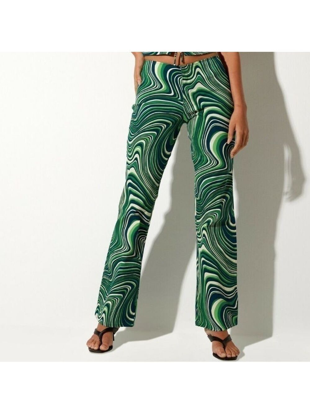 Motel Rocks Women’s Coban Trouser 70'S Ripple Green Low Rise Flare Leg Retro XS